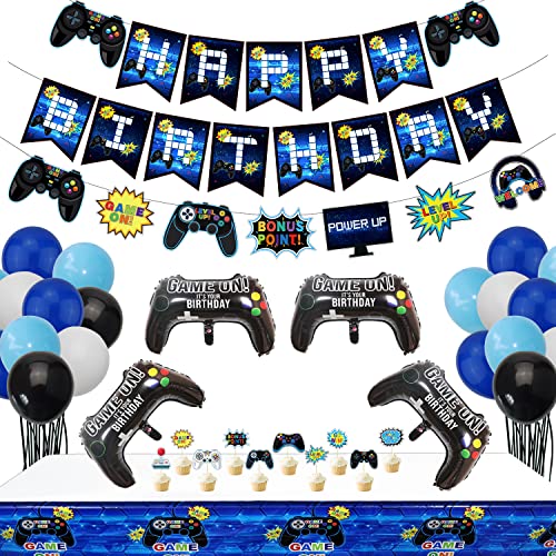 Videospiel Party Zubehör Happy Birthday Gaming Banner, Welcome Hängende Dekor und 32 Pcs Gamer Unter dem Motto Luftballons für Jungen Geburtstagsfeier von PIXHOTUL