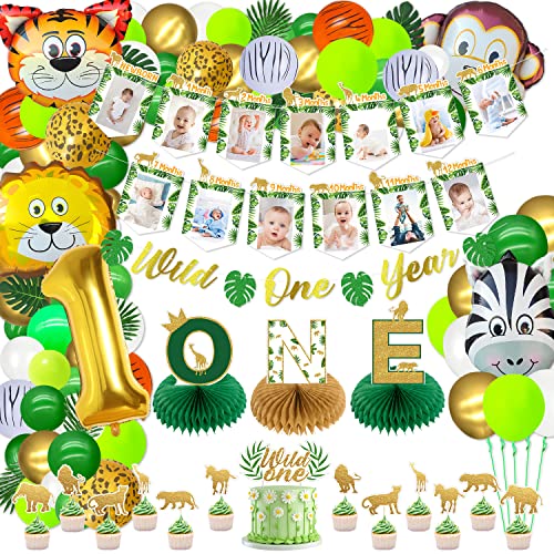 Wild One Geburtstag Dekorationen - umfassen wilde ein Jahr Banner, Monats-Foto-Banner, Safari Luftballons, ONE Honeycomb Centerpiece, Animal Cake Toppers für Jungen Kinder 1st Birthday Party von PIXHOTUL