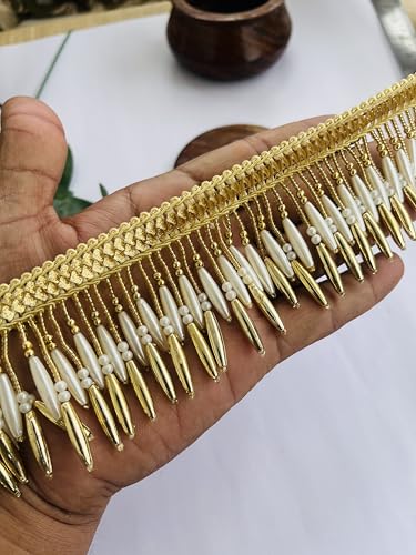 Dekorative Fransenborte mit Perlen und goldfarbenen Perlen, Vintage-Stil, Quasten-Spitze mit geflochtener Bordüre, 6,3 cm breit, erhältlich in 9,5 cm und 6 m (6) von PIYUCRAFTS