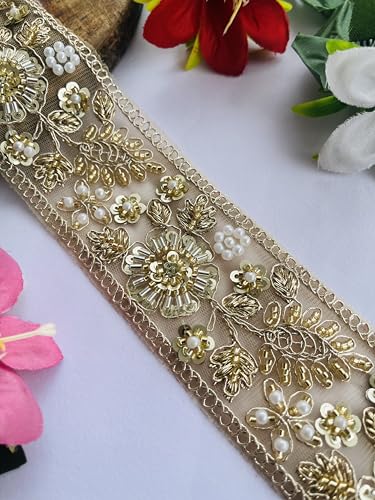 Elegante goldfarbene Blumenstickerei-Bordüre, Perlenband mit Kettenbordüre, Champagner, Hochzeitskleid-Nähapplikation, erhältlich in 9,5 cm und 6 m (1) von PIYUCRAFTS