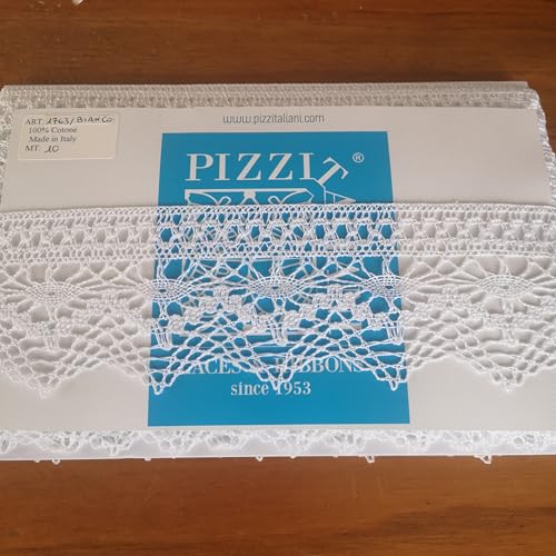 PIZZITALIANI Spitzenband - Klöppelspitze Weiß, Höhe 6,5 cm x 10 m, Spitzenbordure Baumwolle, Dekorative Bänder für Dirndl, Trachtenkleid, Hochzeitsdekorationen & Bastelarbeiten, Made in Italy von PIZZITALIANI LACES & RIBBONS SINCE 1953
