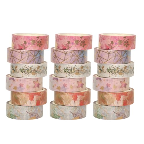PLAFOPE 18 Stück Washi-Klebeband mit Goldfolie und Blumenmuster: Japanisches Deko-Klebeband – Ahornblätter, Stern, für DIY-Scrapbook, Maskierung, Journaling, Handbuch, Kartenherstellung, Basteln von PLAFOPE
