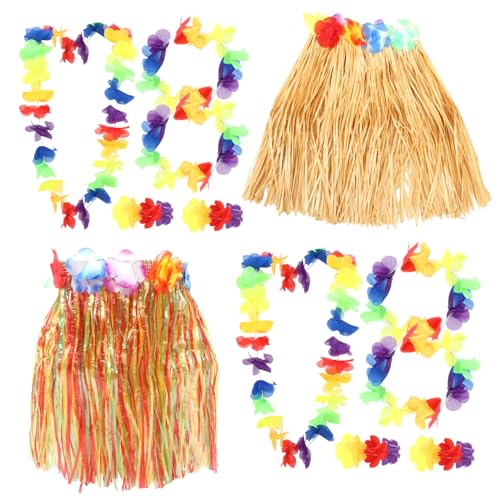 PLAFOPE 2 Sätze Hawaiian Strandkostüm Set Teiliges Set mit Strohhüftrock Tropischem Blumenkranz Haarband und Armbändern für Luau und Strandpartys für Hochzeiten und Festliche Anlässe von PLAFOPE