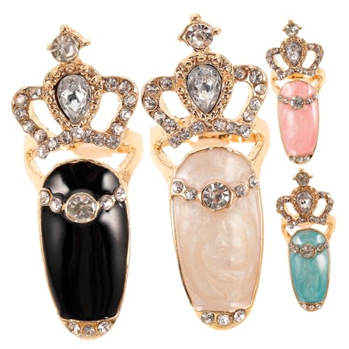 PLAFOPE 4 Stück Teiliges Nail Ring für Frauen mit Funkelnden Strasssteinen Modische Kronenform Bunte Farben Weiß Blau Schwarz Eleganter Fingerring Nagel Charm für Alltag und Party von PLAFOPE
