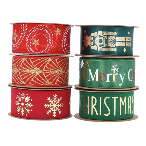 PLAFOPE 6 Rollen Teiliges Breit Langlebiges Geschenkverpackungsband aus Weichem Seidenstoff mit Goldener Folienverzierung für Festliche Bastelarbeiten Schleifen und Weihnachtsdeko von PLAFOPE