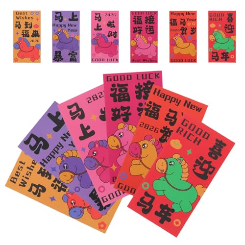 PLAFOPE 60 Stück Rote Umschläge Pferdejahr Design Beschichtetes Papier Chinesische Neujahrsumschläge Traditionelle Frühlingsfest Geldumschläge mit Künstlerischen Tierkreis-motiven Stabil von PLAFOPE
