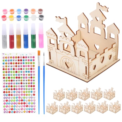 PLAFOPE DIY Holz Schloss Bastelset Unbemalt mit Teilen Goldglitterkleber Farben Pinseln Originelles Malspielzeug für Fördert Fantasie für Familien und Prinzessinnen Mottoparty von PLAFOPE