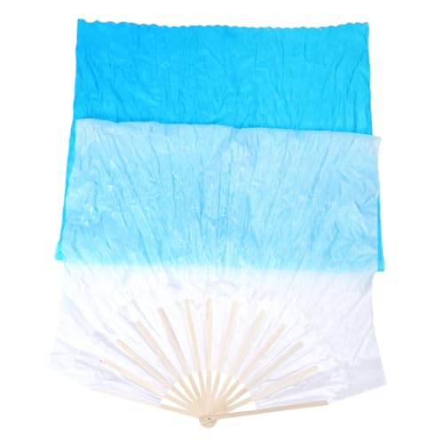 PLAFOPE Langer Bauchtanz Fächer aus Seide und Verlängerter Faltfächer mit Farbverlauf Weiß Blau Leichter Tanzschleier für Damen Flexibel und Elegant für Hochzeitsdeko und Tanzaufführungen von PLAFOPE