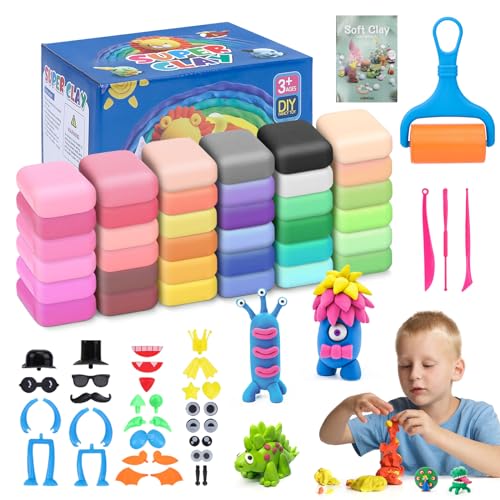 Modelliermasse Kit, PLAPOT 36 Farben Lufttrockener Magischer Knete für Kinder, DIY Formton mit werkzeugen und Tutorials, Kinderknete Ton Kunsthandwerk Geschenk für Jungen Mädchen von PLAPOT