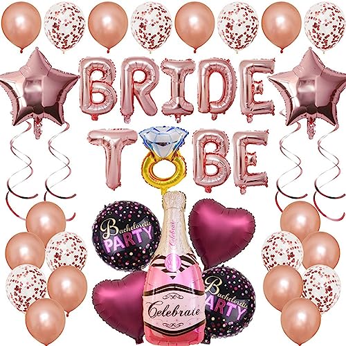39 Pcs JGA Deko Junggesellinnenabschied Luft Set mit Roségold JGA Balloon Banner,Konfetti Luft,Diamantring und Champagner Folien Party Deko für Frauen Team Braut Deko von PLATEYTR