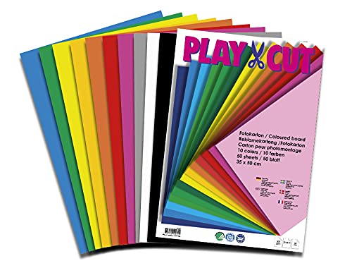 PLAY-CUT Fotokarton Set 35x50cm (300g/m2) | 50 Bogen Foto Karton Bunt mit 10 Verschiedenen Farben | Dickes Foto Papier | Premium Druckerpapier Dicke Stärke | Karton zum Basteln Drucken von PLAY-CUT