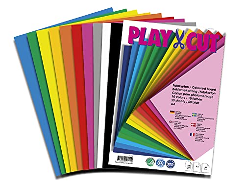 PLAY-CUT Fotokarton A4 Set (300g/m2) | 50 Bogen Din A4 Foto Karton Bunt mit 10 Verschiedenen Farben | Dickes Foto Papier | Premium Druckerpapier Dicke Stärke | Karton zum Basteln Drucken von PLAY-CUT