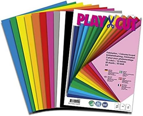 PLAY-CUT Fotokarton A4 Set (300g/m2) | 50 Bogen Din A4 Foto Karton Bunt mit 10 Verschiedenen Farben | Dickes Foto Papier | Premium Druckerpapier Dicke Stärke | Karton zum Basteln Drucken von PLAY-CUT