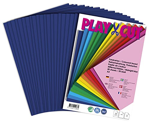 PLAY-CUT Fotokarton A4 Set Mitternachtsblau (300g/m2) | 20 Bogen Din A4 Foto Karton Bunt | Dickes Foto Papier | Premium Druckerpapier Dicke Stärke | Karton zum Basteln Drucken von PLAY-CUT