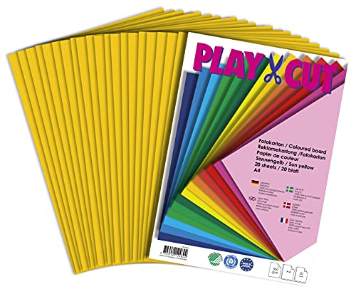 PLAY-CUT Fotokarton A4 Set Sonnengelb (300g/m2) | 20 Bogen Din A4 Foto Karton Bunt | Dickes Foto Papier | Premium Druckerpapier Dicke Stärke | Karton zum Basteln Drucken von PLAY-CUT