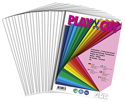 PLAY-CUT Fotokarton A4 Set Weiß (300g/m2) | 20 Bogen Din A4 Foto Karton Bunt | Dickes Foto Papier | Premium Druckerpapier Dicke Stärke | Karton zum Basteln Drucken von PLAY-CUT