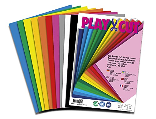 PLAY-CUT Fotokarton A5 Set (300g/m2) | 50 Bogen Din A5 Foto Karton Bunt mit 10 Verschiedenen Farben | Dickes Foto Papier | Premium Druckerpapier Dicke Stärke | Karton zum Basteln Drucken von PLAY-CUT