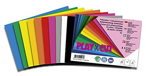 PLAY-CUT Fotokarton A6 Set (300g/m2) | 50 Bogen Din A6 Foto Karton Bunt mit 10 Verschiedenen Farben | Dickes Foto Papier | Premium Druckerpapier Dicke Stärke | Karton zum Basteln Drucken von PLAY-CUT