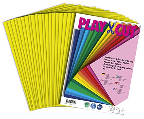 PLAY-CUT Tonkarton A4 Kanariengelb (220g/m2) | 20 Bogen Din A4 Bastelkarton Bunt | Dickes Bedruckbares Kartonpapier | Premium Druckerpapier Dicke Stärke | Karton zum Basteln von PLAY-CUT