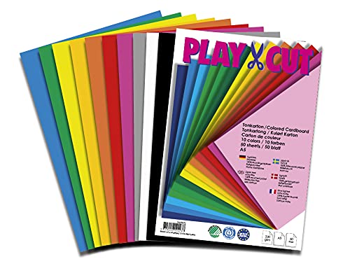 PLAY-CUT Tonkarton A5 (220g/m2) | 50 Bogen Din A5 Bastelkarton Bunt mit 10 Verschiedenen Farben | Dickes Bedruckbares Kartonpapier | Premium Druckerpapier Dicke Stärke | Karton zum Basteln von PLAY-CUT