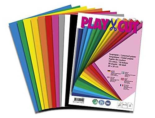 PLAY-CUT Tonpapier 25x35cm in 10 Farben (130g/m2) | 50 Bogen Papier zum Basteln Drucken | Dickes Bedruckbares Bastelpapier Set und Druckerpapier | Premium Tonzeichenpapier & Craft Paper von PLAY-CUT