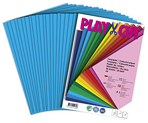 PLAY-CUT Tonpapier A4 Himmelblau (130g/m2) | 20 Bogen Din A4 Papier zum Basteln Drucken | Dickes Bedruckbares Bastelpapier Set und Druckerpapier A4 | Premium Tonzeichenpapier & Craft Paper von PLAY-CUT