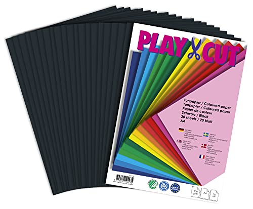 PLAY-CUT Tonpapier A4 Schwarz (130g/m2) | 20 Bogen Din A4 Papier zum Basteln Drucken | Dickes Bedruckbares Bastelpapier Set und Druckerpapier A4 | Premium Tonzeichenpapier & Craft Paper von PLAY-CUT