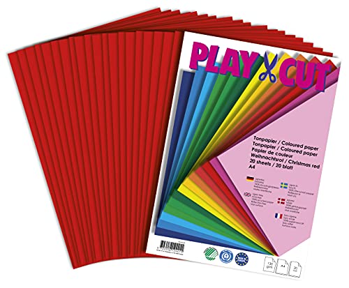 PLAY-CUT Tonpapier A4 Weihnachtsrot (130g/m2) | 20 Bogen Din A4 Papier zum Basteln Drucken | Dickes Bedruckbares Bastelpapier Set und Druckerpapier A4 | Premium Tonzeichenpapier & Craft Paper von PLAY-CUT