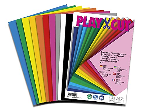 PLAY-CUT Tonpapier A5 in 10 Farben (130g/m2) | 50 Bogen Din A5 Papier zum Basteln Drucken | Dickes Bedruckbares Bastelpapier Set und Druckerpapier | Premium Tonzeichenpapier & Craft Paper von PLAY-CUT