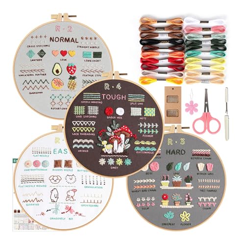 PLCPDM 4 Sets Stickset mit Tier-, Obst-, Blumen- und Pflanzenstickerei-Set mit Anleitung (evtl. nicht in deutscher Sprache), Stickkleidung mit Muster, Reifen, von PLCPDM