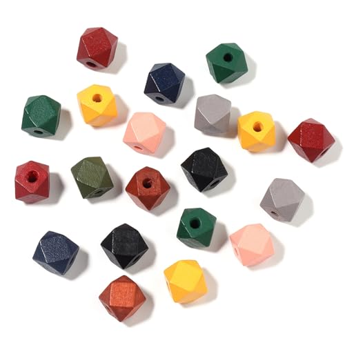 PLCPDM 60 Stück Holzperlen mit Loch, geometrische facettierte Holzperlen, 16 mm, bunte Holzperlen PLCPDM 60 Stück Holzperlen mit Loch, geometrische facettierte Holzperlen, 16 mm, bunte Holzperlen von PLCPDM