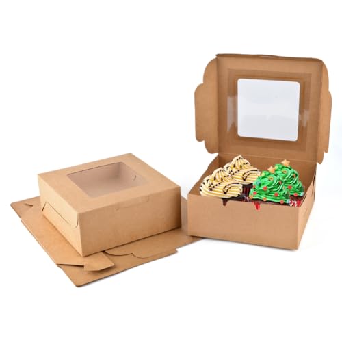 PLECUPE 50 Stück Cupcake Box, 15.2 x 15.2 x 6.3 cm Tortenkarton aus Kraftpapier, Schachtel mit Deckel, Papiertüten mit Fenster für Torten Kekse Pralinen Dessert Süßigkeiten von PLECUPE