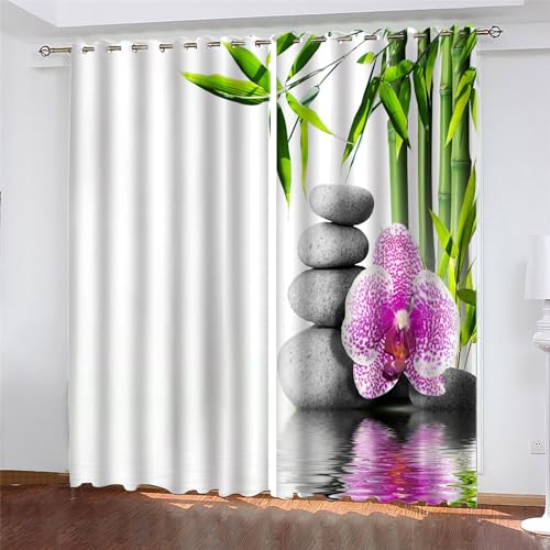 PLEETS Gardinen Orchidee und grüner Bambus Verdunkelungsvorhang 3D Druck Vorhänge Polyester Gardine für Schlafzimmer Kinderzimmer Wohnzimmer Dekoration 2 x B110 x H215 cm von PLEETS