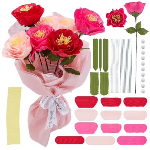 PLIGREAT 10 Set DIY Krepppapier Rose Herstellung Vorgeschnittenes Blume Krepp Papier Kit mit Anleitung Buntes Seidenpapier Blumenstiel Draht Blumenbänder für Anfänger Geburtstagsfeier Dekor von PLIGREAT
