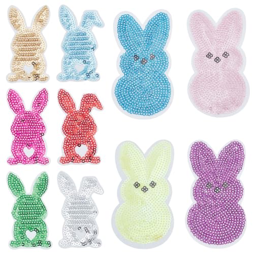 PLIGREAT 10 Stück Osterhasen Pailletten Aufnäher. Bunte Stickerei Pailletten Glitzer Aufnäher Zum Ostertag Zum Aufbügeln Und Aufnähen Applikation Dekorativer Reparaturflicken Für Kleidung von PLIGREAT