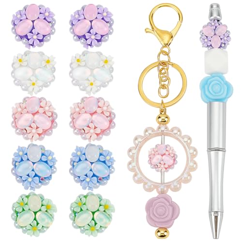PLIGREAT 10 Stück Strass Blumen Focal Perlen für Stifte, 5 Farbe Fancy Bling Glitter Spacer Pen Charms Funkeln Chunky Focals Perlen Schlüsselanhänger Schmuck Herstellung Abstandshalter Zubehör von PLIGREAT