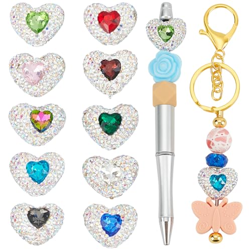 PLIGREAT 10 Stück Strass Herz Focal Perlen für Stifte, Bunt Bling Glitzer Funkeln Chunky Diamond Pen Focals Perlen Kugelschreiber Schlüsselanhänger Schmuck Herstellung Abstandshalter Charms Zubehör von PLIGREAT