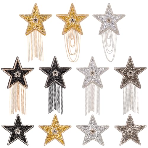 PLIGREAT 11 Stk. Sterne Aufbügel Patches: Glitzernde fünfzackige Sterne Applikation mit Ketten Quaste für DIY Kleidung, Jacken, Taschen, Hüte & mehr von PLIGREAT