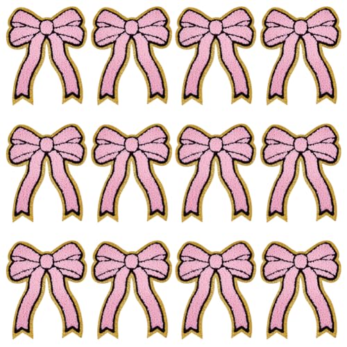 PLIGREAT 12 Stück Chenille Aufnäher Mit Schleife Rosa Für Sweatshirts Seitliche Schleife Bestickte Aufnäher Süße DIY Applikationen Für Kleidung Kapuzenpullover Jeans Jacken Hüte Dekorative Accessoires von PLIGREAT