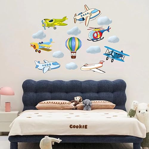 PLIGREAT 15 Stück Flugzeug Wolken Flugzeuge Wandaufkleber für Kinderzimmer Wohnzimmer Schlafzimmer Kinderzimmer Wanddekoration abnehmbare Heißluftballon Wandaufkleber DIY Home Indoor Wall Art Decor von PLIGREAT