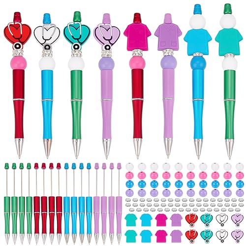 PLIGREAT 16 Stück Krankenschwester Perlenstift DIY Geschenk Machen 4 Farben Perlenstifte Niedliche Krankenschwester Stethoskop Abstandsperlen Stift Set Schwarze Tinte Kugelschreiber für Büro Job von PLIGREAT