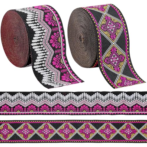 PLIGREAT 2 Bände Vintage Jacquard Band 7m/Bände Emobridered gewebtes Band Stoff Blumenbesatz Fransen Boho Nähband Dekor Trim zum Nähen Basteln Ramadan Kleidung Accessoires DIY Hut Dekoration von PLIGREAT