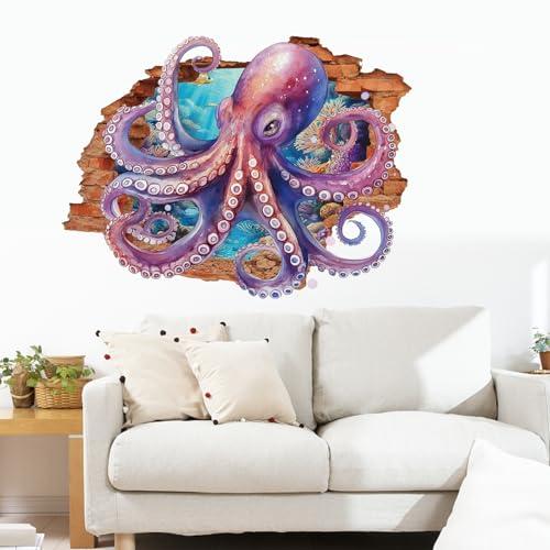 PLIGREAT 2 Blätter 3D Ozean Tier Wandtattoos, Wandbruch Oktopus Wandaufkleber abnehmbare Unterwasser Tier Wanddekoration Aufkleber Vinyl Wandtattoo für Badezimmer Schlafzimmer Kinderzimmer von PLIGREAT