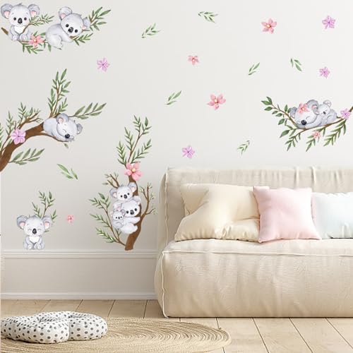 PLIGREAT Aquarell Koala Wandtattoo Kinderzimmer Rosa Blumen Koala Schlafend Auf Dem Ast Wandaufkleber DIY Babyzimmer Wanddeko Mädchen Wandsticker Geburtstagsgeschenk, 90 x 39 cm 2 Blätter von PLIGREAT