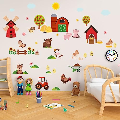 PLIGREAT 2 Blatt Niedliche Bauernhoftiere Wandtattoo Cartoon Kuh Schwein Bauernhof Haus Wandaufkleber Für Schlafzimmer Spielzimmer Kinderzimmer Schranktür Dekor Innen DIY Große Aufkleber Dekoration von PLIGREAT