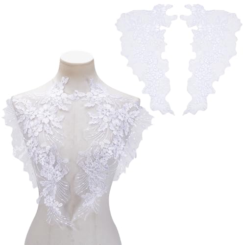PLIGREAT 2 Paar Weiße Spitzen Blumenapplikationen 3D Blumenstickerei Spitzenbesatz Hochzeitskleid Bestickte Aufnäher Applikation Patches Kragen Mesh Aufnäher Für Hochzeitskleider Brautkleider von PLIGREAT