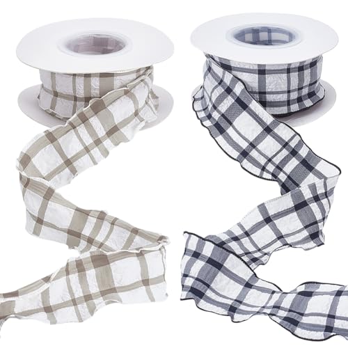 PLIGREAT 2 Rollen Stoff Gingham-Band, 9,1 m, kariert, Polyesterband, Rolle, Geschenkverpackung, Draht, karierte Bänder für Ostern, Nähen, Hochzeit, Blumensträuße, Einladungskarten, Dekoration, Braun PLIGREAT 2 Rollen Stoff Gingham-Band, 9,1 m, kariert, Polyesterband, Rolle, Geschenkverpackung, Draht, karierte Bänder für Ostern, Nähen, Hochzeit, Blumensträuße, Einladungskarten, Dekoration, Braun von PLIGREAT