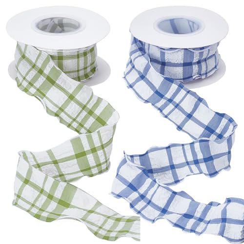 PLIGREAT 2 Rollen Stoff Gingham-Band, 9,1 m, kariert, Polyesterband, Rolle, Geschenkverpackung, Draht, karierte Bänder für Ostern, Nähen, Hochzeit, Blumensträuße, Einladungskarten, Dekoration, Grün von PLIGREAT