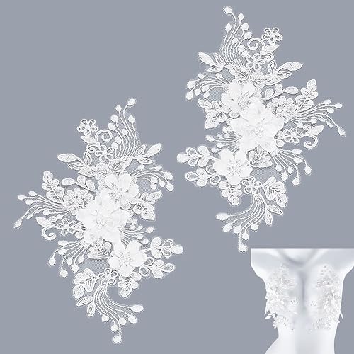 PLIGREAT 2 Stück 3D Weiße Blume Bestickte Spitze Applikationen Perle Blume Stickerei Spitze Patches DIY Nähen Handwerk für Hochzeit Abschlussball Kleid Kleidung Zubehör Schneiderei Zubehör von PLIGREAT