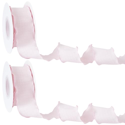 PLIGREAT 20 Meter rosa Rüschenstoff-Besatz, 4 cm breit, doppelt gerüschter Rand, Band mit Spule, Chiffon-Polyester-Besatz für Heimwerker, Nähen, Basteln, Geschenkverpackung, Blumenstrauß, Hochzeit von PLIGREAT